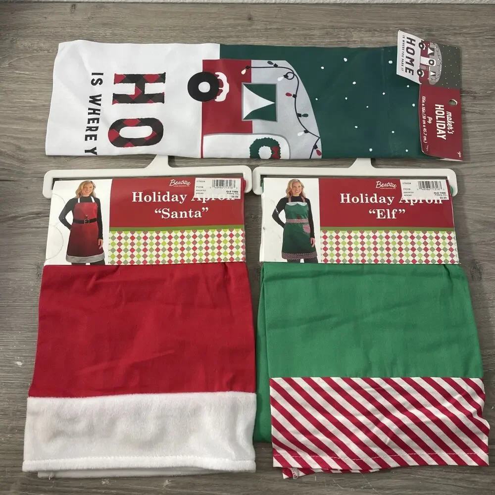 NWT 3pc Christmas Bundle Santa & Elf Aprons + Maker’s Holiday Camper Garden Flag